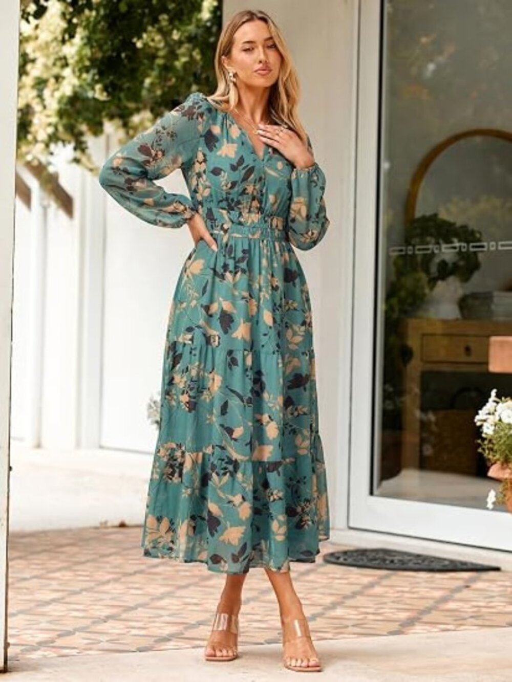 Women's Floral Boho Long Sleeve Maxi Dress V Neck Empire Waist Swing Flowy Weddi